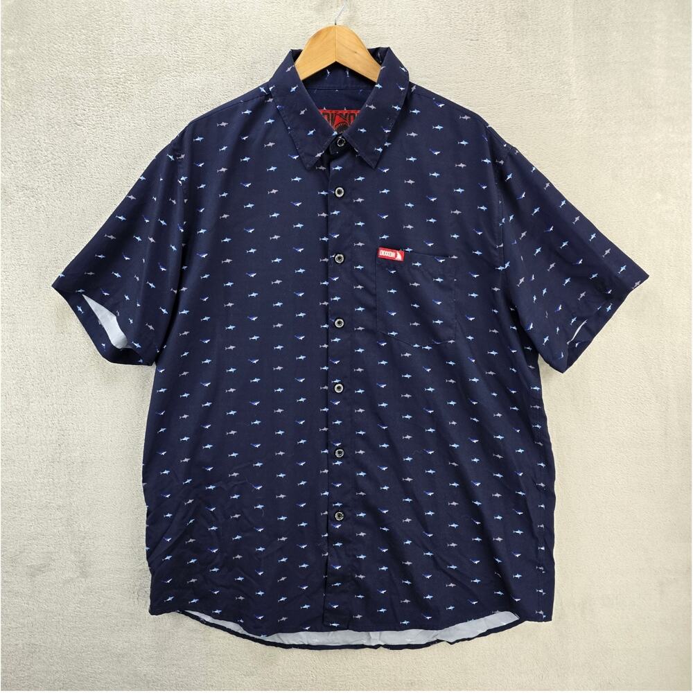 Dixxon Flannel Co Shirt Mens XL Blue Shark Week Short Sleeve Button Down AOP
